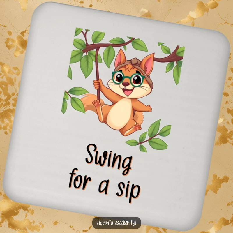 Funny Squirrel Explorer Coaster: Determined squirrel swinging from a vine with a wide smile, guarding drinks with humor and energetic flair.