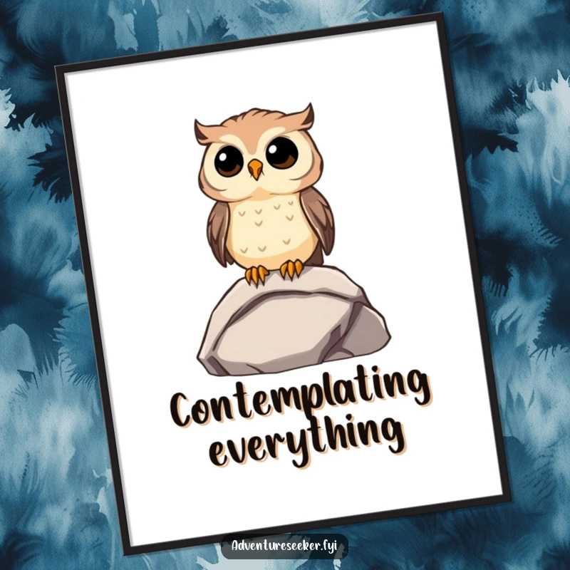 Funny Owl Poster: Curious owl perched on a rock, gazing into the distance, a funny piece of introspection.