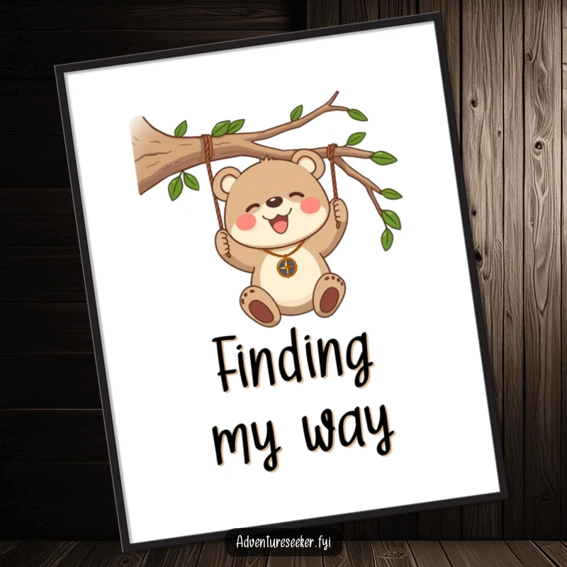 Funny Bear Cub Compass Poster. A joyful bear cub with a compass necklace swings from a sturdy branch, embodying adventure art.