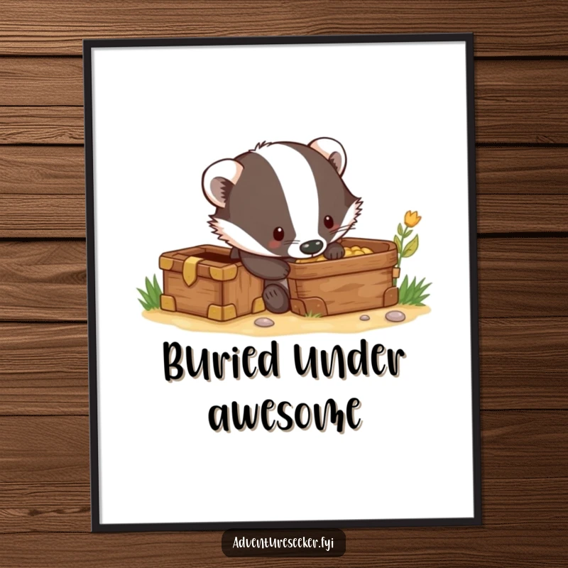Funny poster of a curious badger digging with intense excitement near a partially unearthed treasure chest, symbolizing fortune.
