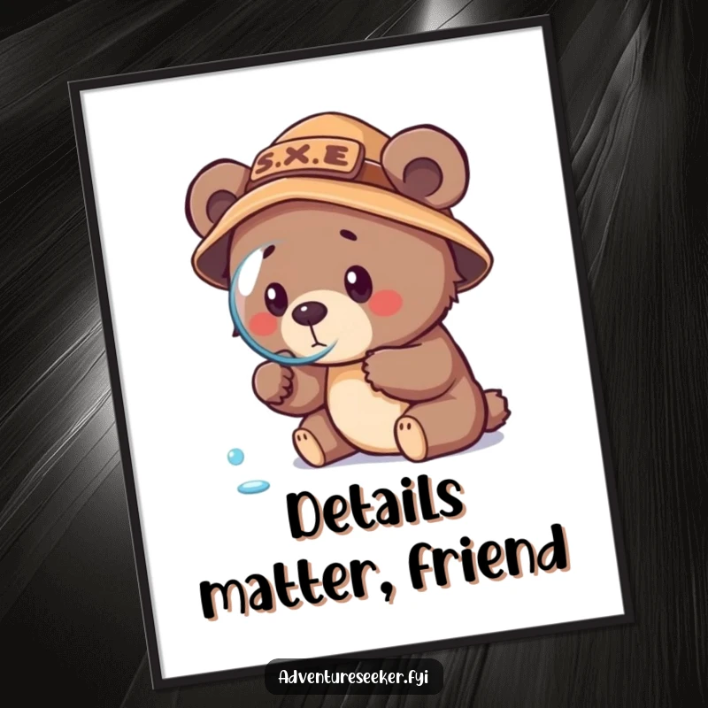 Funny bear cub explorer poster art, showing a determined cub in explorer hat with magnifying glass focused on a dewdrop.