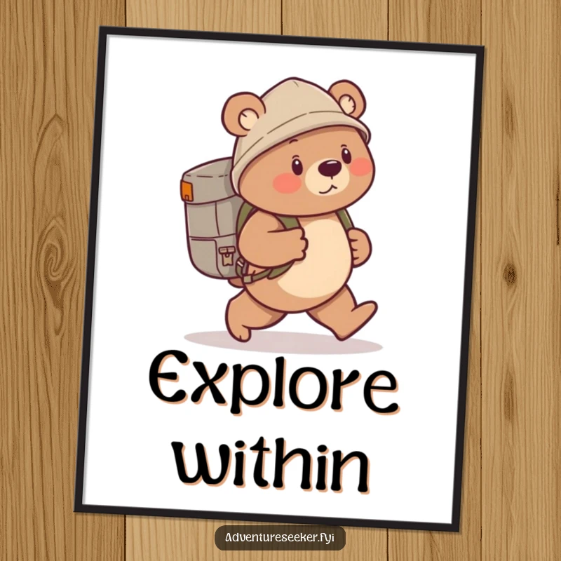 Funny bear explorer poster showcasing a cute bear with a backpack, striding determinedly into a scenic landscape.