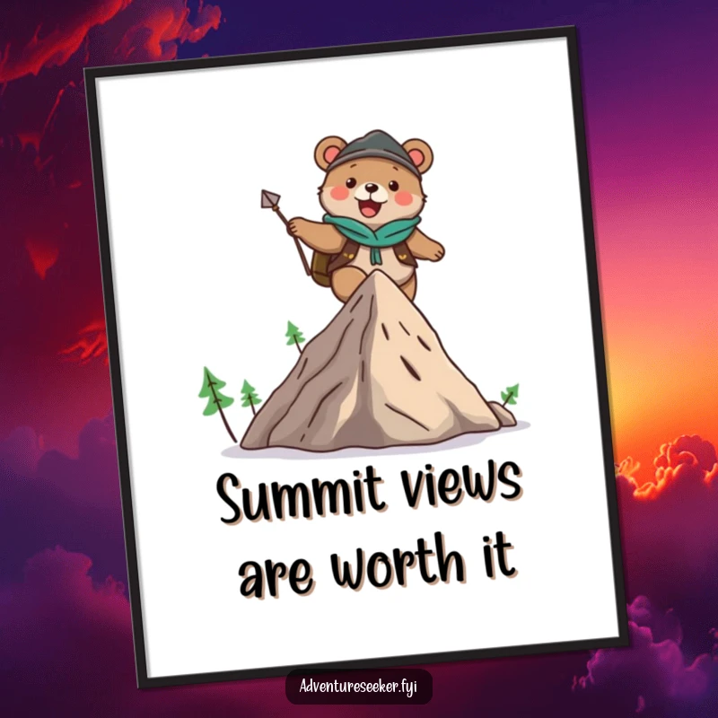 Funny poster displaying a cute bear adventurer character gleefully climbing a stylized mountain, evoking feelings of joy and achievement.