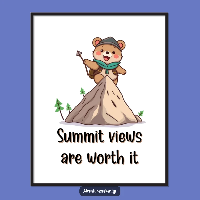 Funny Bear Mountain Climb Poster: Joyful Adventurer Art, Hilarious Wall Decor