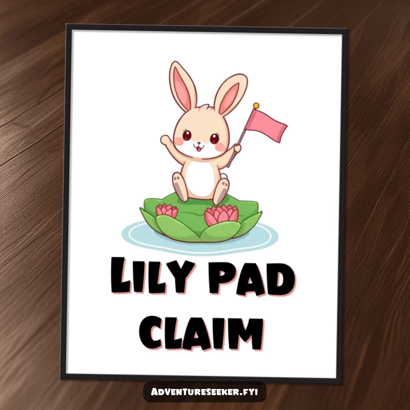 Funny Bunny Poster: Playful bunny triumphantly planting a tiny flag on a floating lily pad, bold and cheerful.