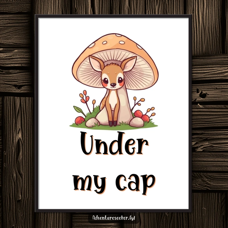 Funny Deer Mushroom Poster: A shy deer peeking from a large mushroom, creating a whimsical and humorous woodland scene.