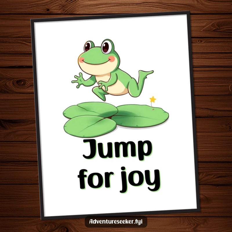 Funny smiling frog character leaping across lily pads on a poster, radiating happiness. A cool funny gift.