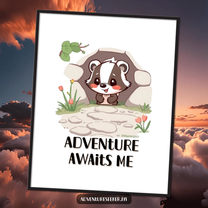 Funny Happy Badger Poster print of a joyful badger character finding a hidden path, ideal humorous wall art gift.