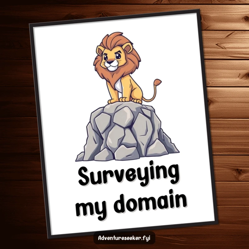 Funny poster art of a brave lion character standing proudly on a rocky peak, surveying the vast landscape below with majestic humor.