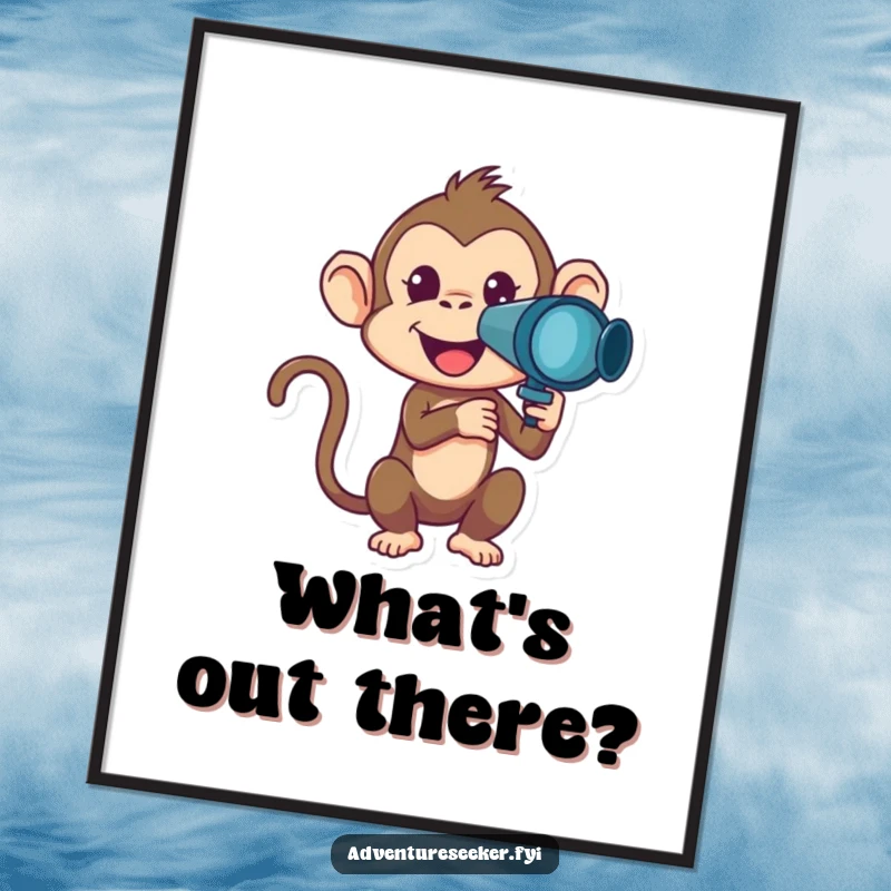 Funny Monkey Poster print of a mischievous monkey character looking through a telescope, ideal humorous wall art gift.
