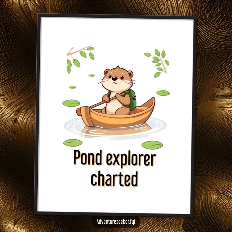 Funny Otter Leaf Boat Poster. A determined otter paddles a leaf-boat across a shimmering pond, serene and adventurous art.