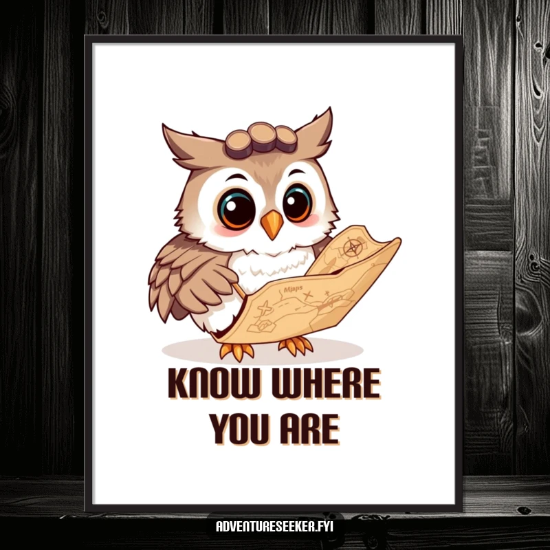 Funny poster depicting a curious owl navigator character smiling while studying a large, ancient map, highlighting curiosity and knowledge.