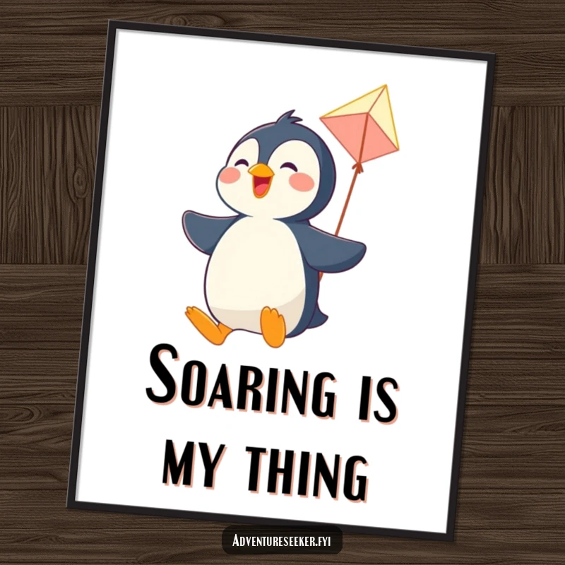 Funny poster capturing a joyful penguin character soaring through the sky on a makeshift kite, exuding freedom and happiness.