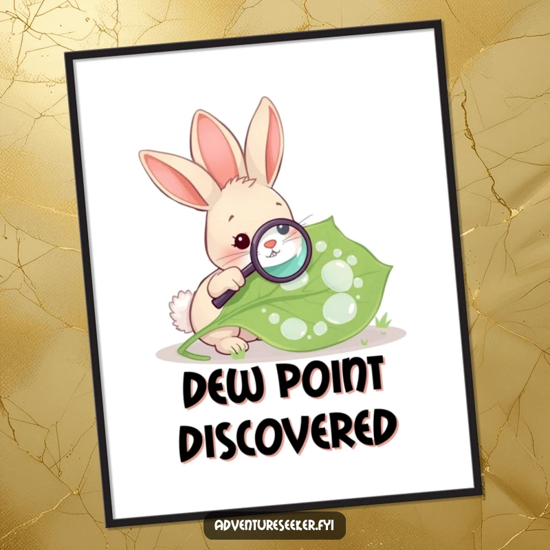 Funny Rabbit Magnifying Leaf Poster. A curious rabbit studying a dew-covered leaf with a magnifying glass, detailed and artistic.