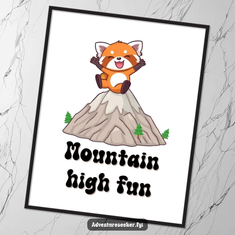Funny Red Panda Poster: Joyful red panda leaping energetically over miniature mountains, bright and cheerful.
