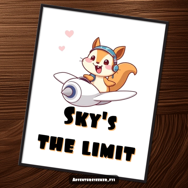 Funny poster depicting a giggling squirrel pilot character joyfully soaring through the sky in a tiny plane, inspiring happiness.