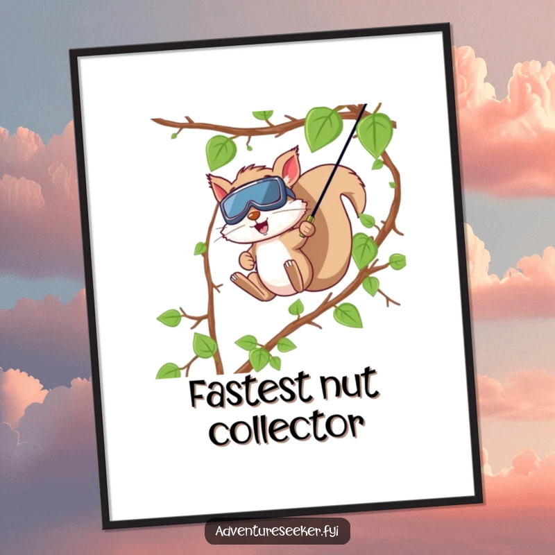 Funny Squirrel Zip Line Poster. A dynamic scene of a squirrel with goggles zip-lining down vines, capturing adventure and excitement.