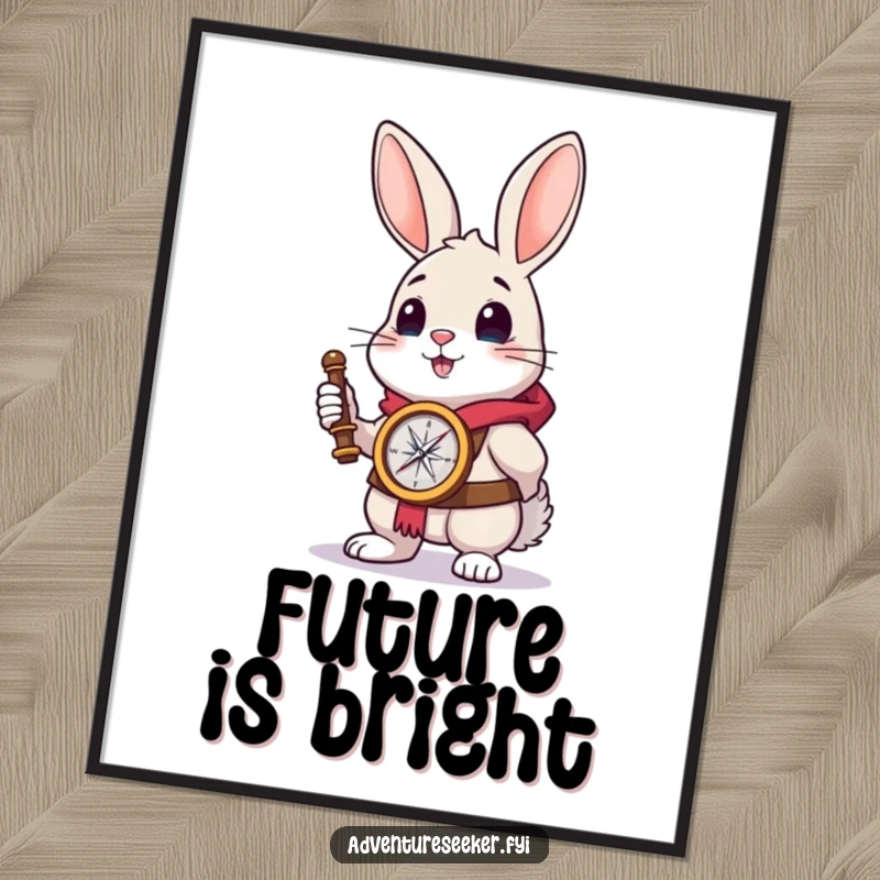 Funny rabbit explorer poster featuring a brave rabbit holding a compass and gazing at the horizon.