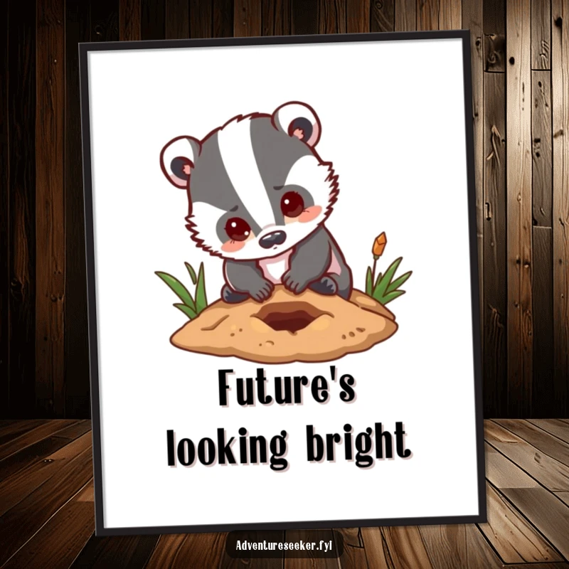 Funny badger poster depicting a determined character digging a small hole with a hopeful expression, symbolizing ambition and effort.