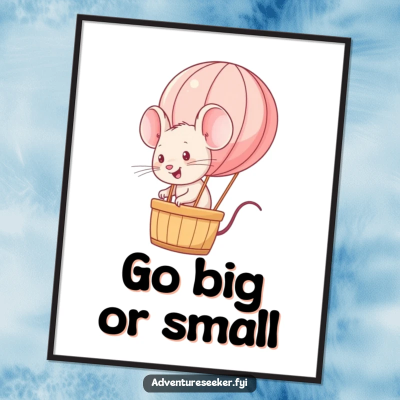Funny energetic mouse character riding a miniature hot air balloon on a poster, conveying excitement. A cool funny gift.