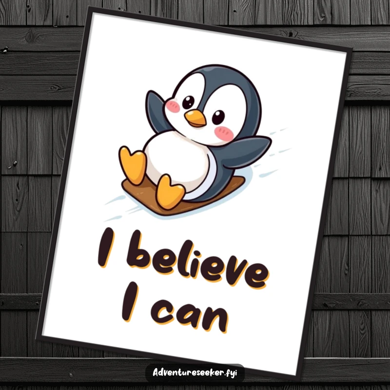 Funny wobbly penguin character sliding down an icy slope on a poster, radiating fun and winter spirit. A cool funny gift.