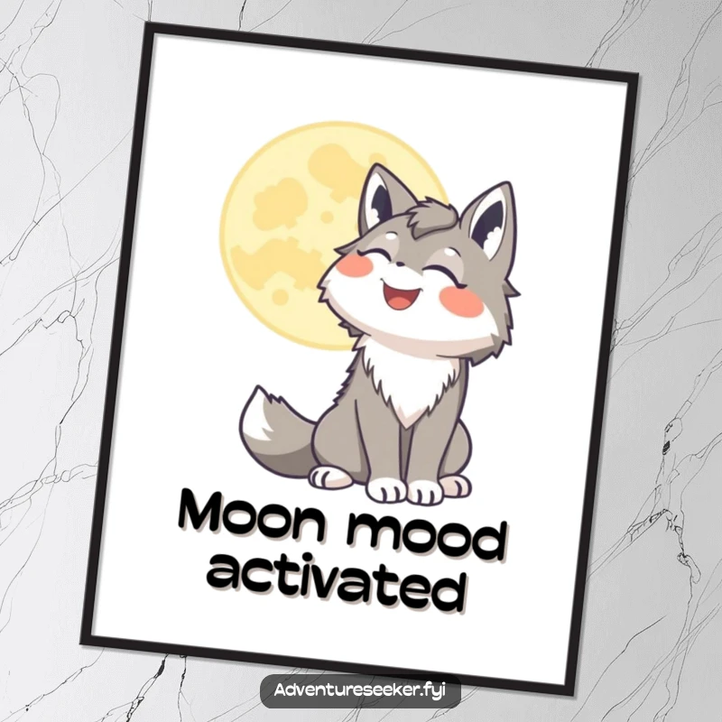 Funny wolf poster depicting a joyful character howling at a stylized moon, creating a magical and whimsical night scene.