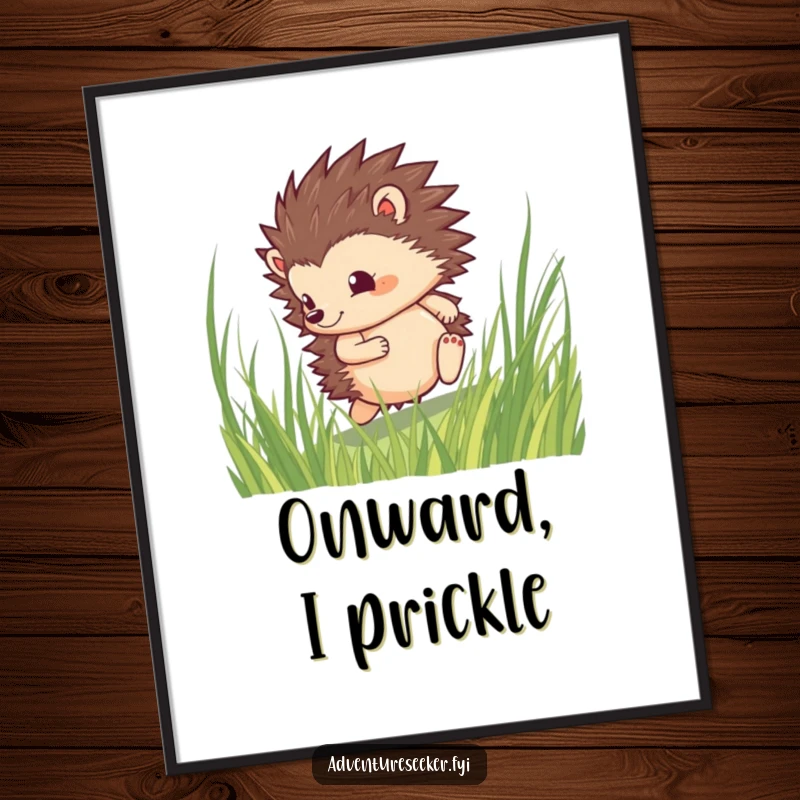 Funny hedgehog poster depicting a brave character determinedly rolling through tall grass, symbolizing resilience and a bold spirit.