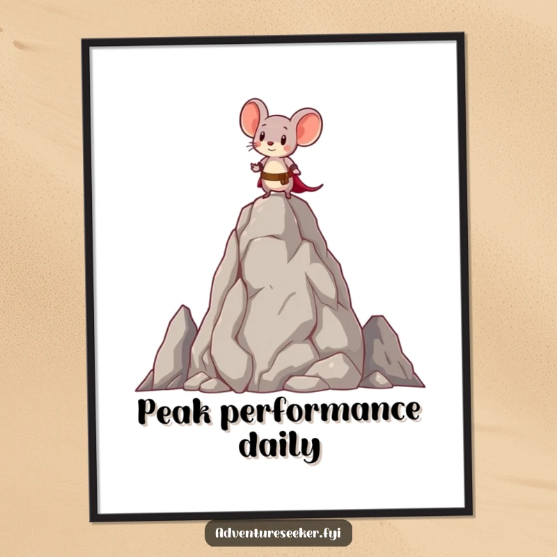Funny poster of a brave little mouse character standing atop a tall, ancient rock, exuding courage and a sense of accomplishment.