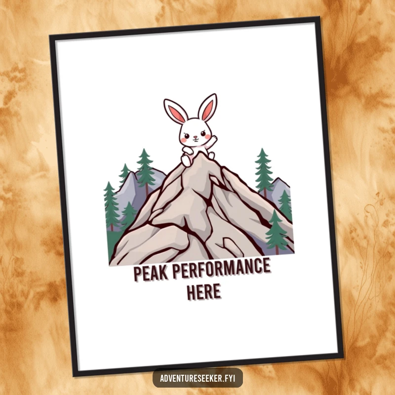 Funny climbing rabbit poster depicting a determined character reaching a mountain peak, bringing motivational humor to decor.