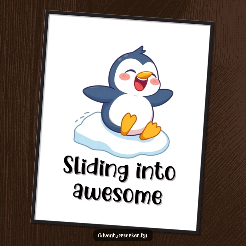 Funny poster art of a joyful penguin gleefully tobogganing down an icy path, capturing winter's playful spirit, a humorous wall piece.