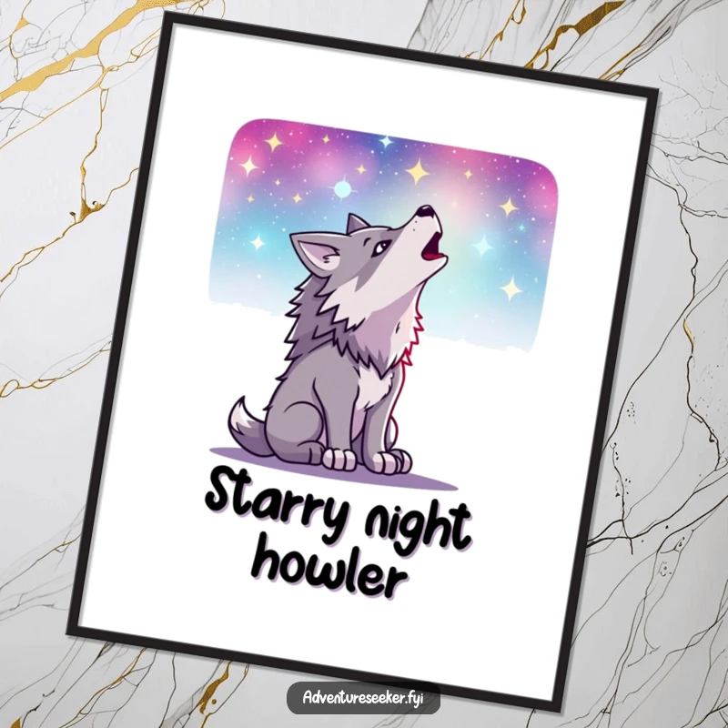 Funny poster art of a resolute wolf howling towards a dazzling, star-strewn celestial canvas, creating a dramatic and humorous effect.