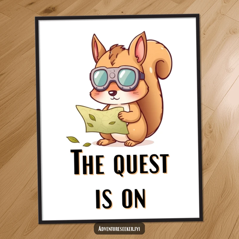 Funny squirrel map poster art, depicting a curious squirrel wearing goggles, intently studying a map made of leaves.