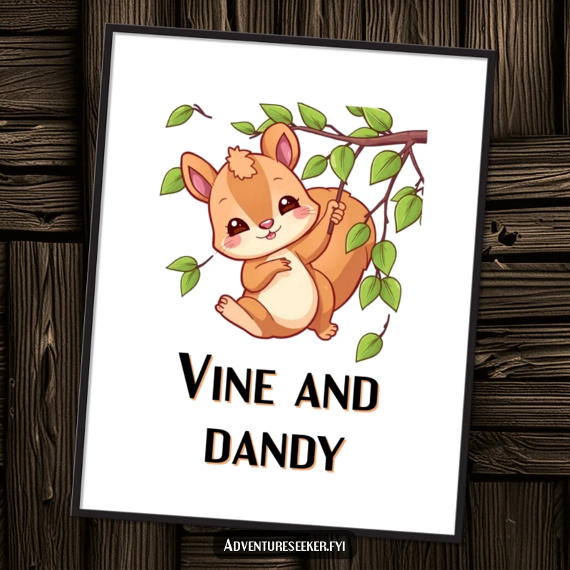 Funny swinging squirrel poster featuring a playful character swinging from a vine, adding forest charm and humor.