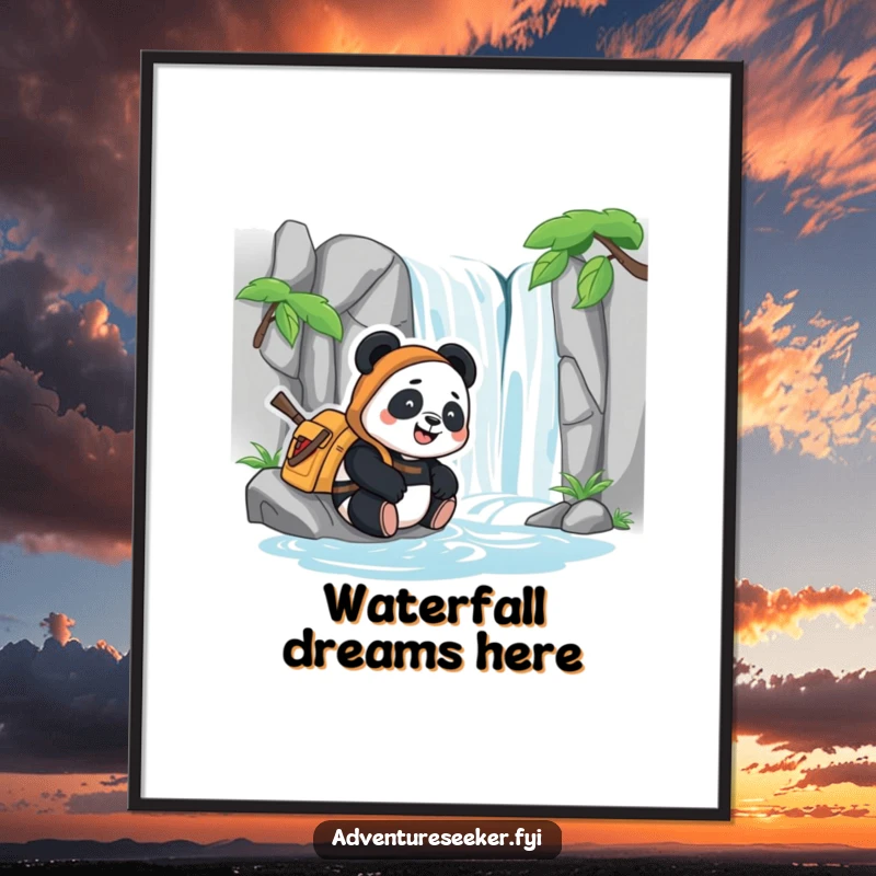 Funny poster print of a happy panda adventurer resting contentedly beside a stylized waterfall, evoking tranquility and joy.