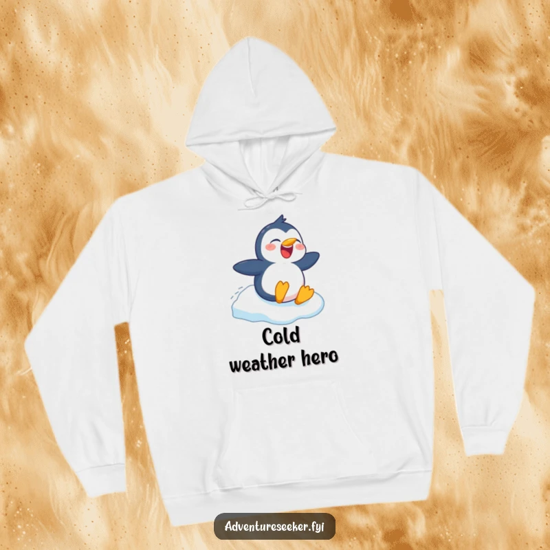 Funny hoodie showcasing a happy penguin character mid-slide on a snowy hill, radiating pure winter delight, a hilarious gift idea.