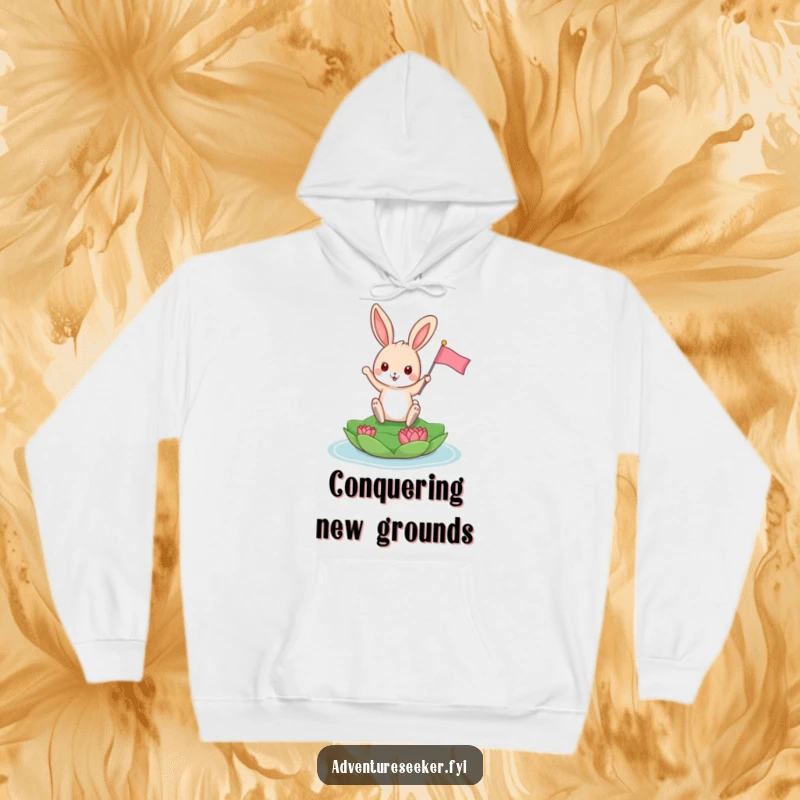Funny Bunny Hoodie: Playful bunny triumphantly planting a tiny flag on a floating lily pad, warm and victorious.