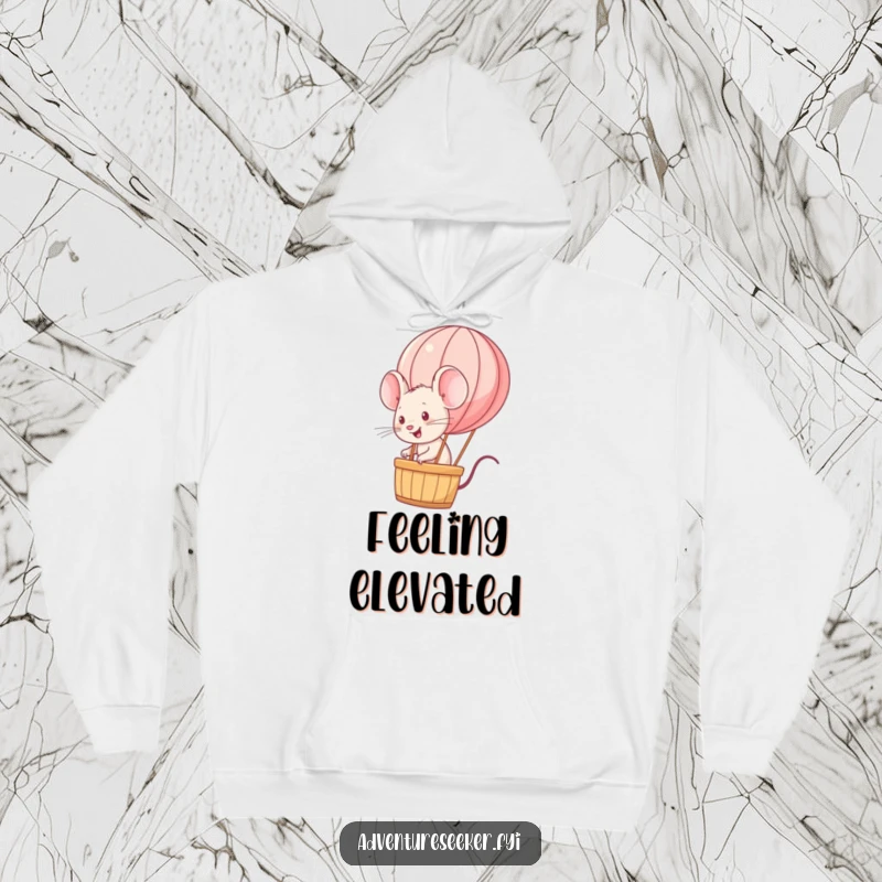 Funny energetic mouse in a hoodie, soaring in a miniature hot air balloon with joy. A warm funny gift.