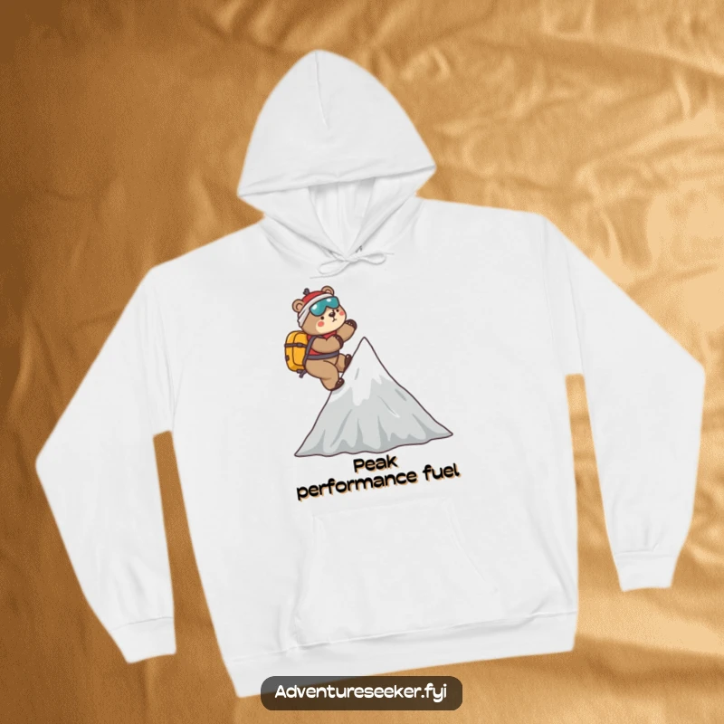 Funny Bear Mountaineer Hoodie: Playful bear climbing a stylized mountain peak, offering warmth and a humorous touch for adventure lovers.