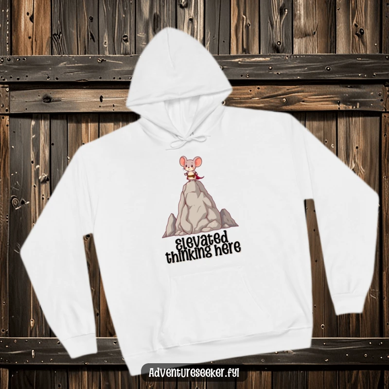 Funny hoodie showing a brave little mouse character standing atop a tall, ancient-looking rock, symbolizing determination.