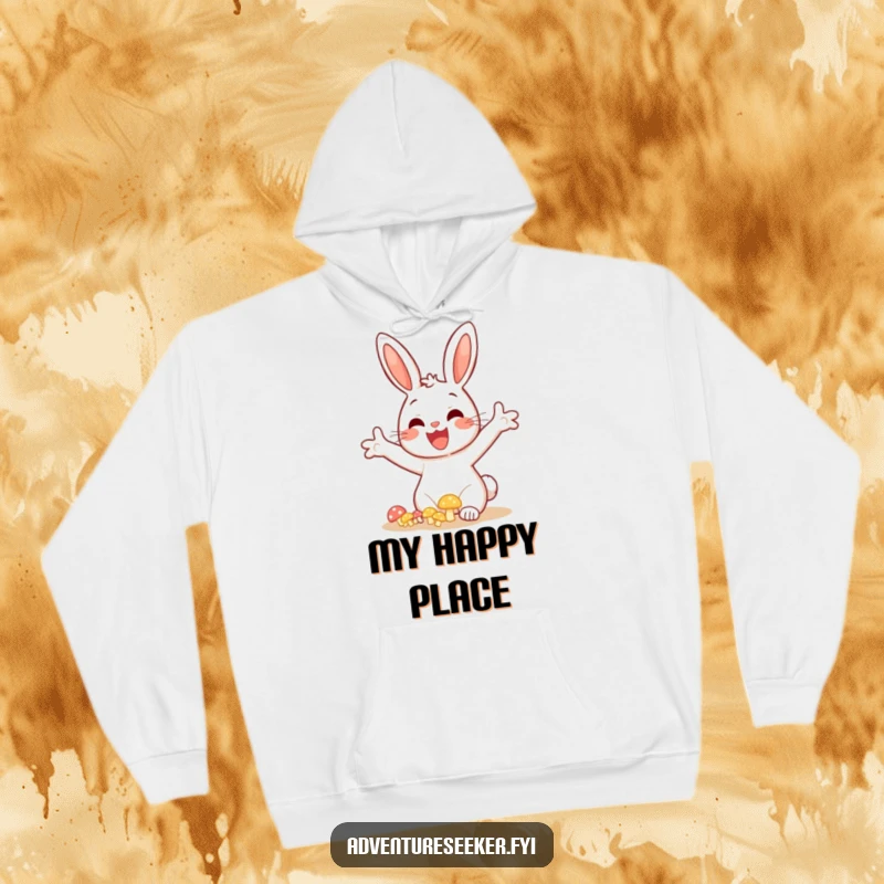Funny bunny mushroom hoodie, depicting a happy bunny discovering glowing mushrooms with arms outstretched in delight.