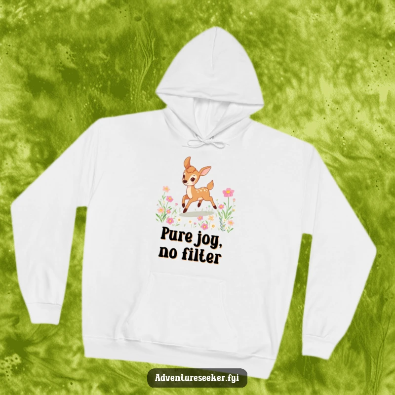 Funny deer hoodie with a joyful, energetic character bounding happily through a picturesque field bursting with colorful, blooming flowers.