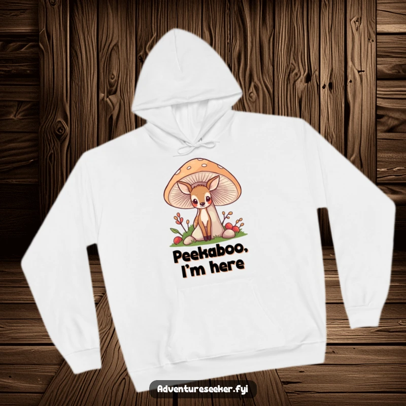 Funny Deer Mushroom Hoodie: A shy deer peeking, surrounded by a friendly mushroom, offering cozy humor.