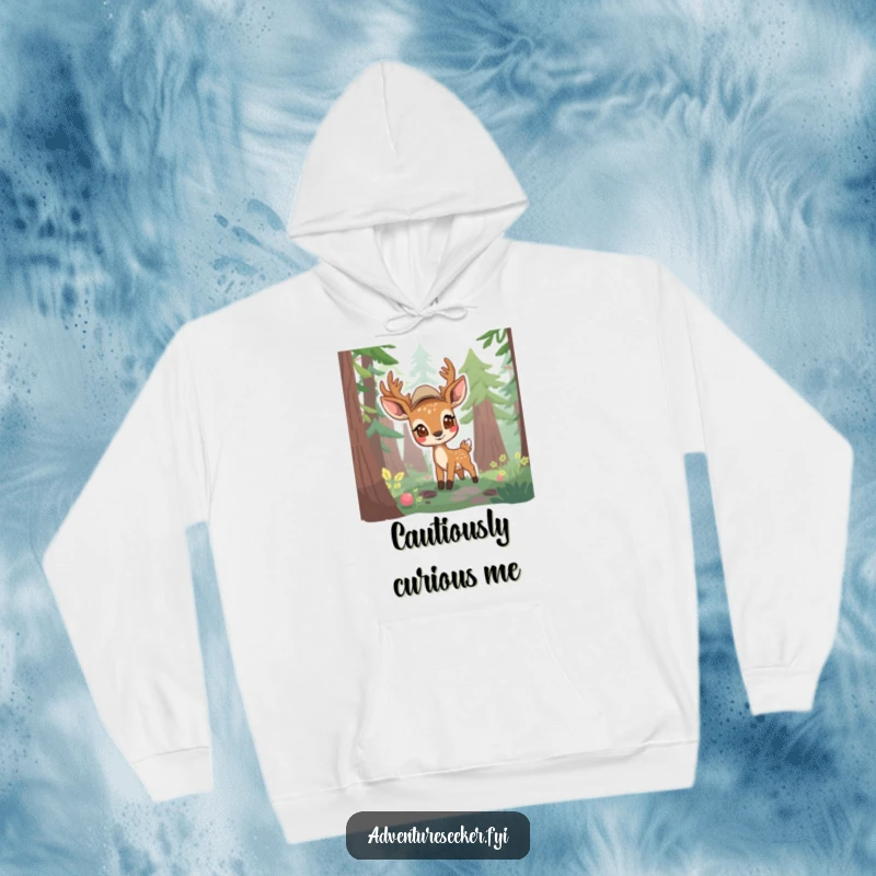 Funny hoodie with a shy deer scout character cautiously emerging from a dense forest, embodying curiosity and a gentle spirit.