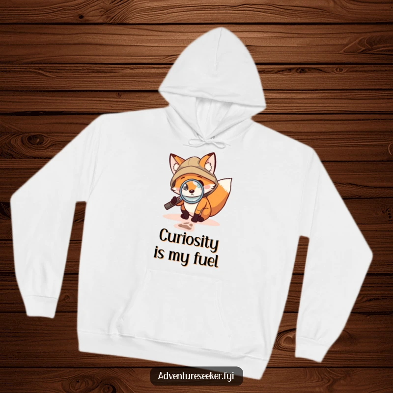 Funny Fox Explorer Hoodie: Brave fox with magnifying glass examining a small footprint, offering warmth and a humorous touch for mystery lovers.