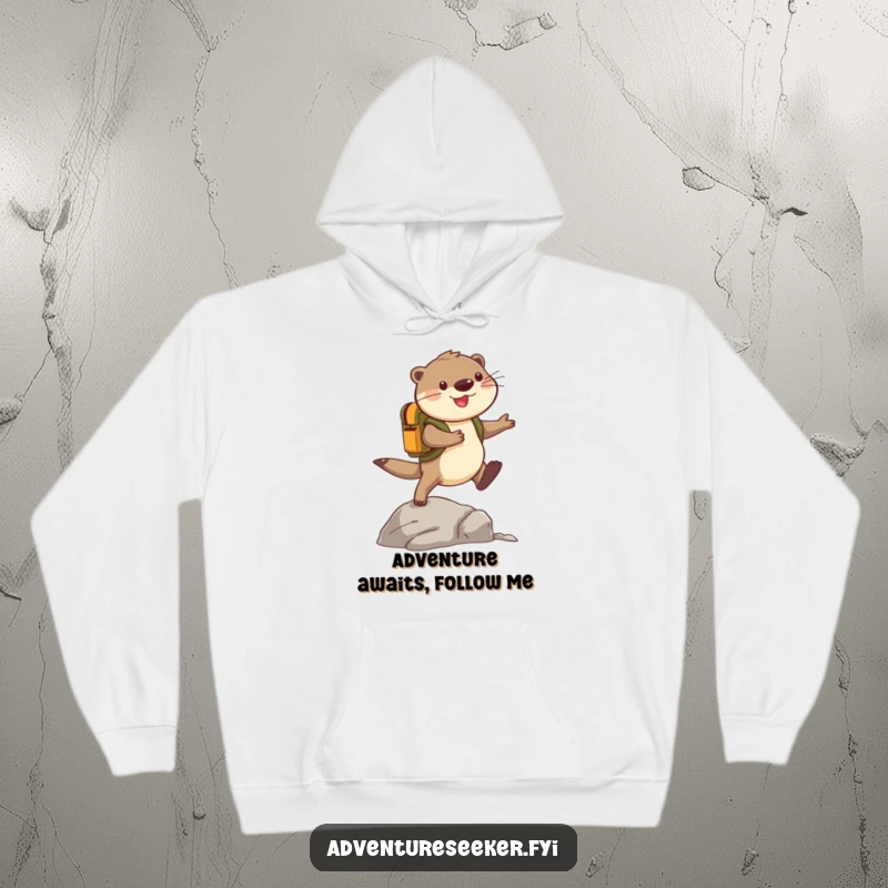 Funny Otter Hoodie: Cheerful adventurer otter with backpack leaps a rock, symbolizing fun and exploration. A comfortable and humorous gift for all ages.