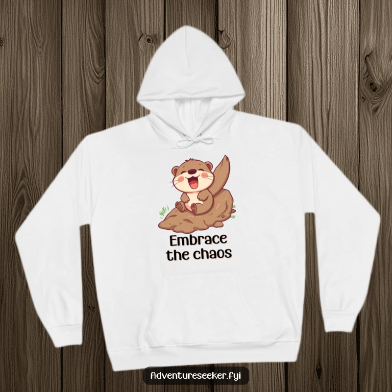 Funny otter hoodie featuring a giggling character in mid-slide down a muddy hill, radiating pure joy and fun.