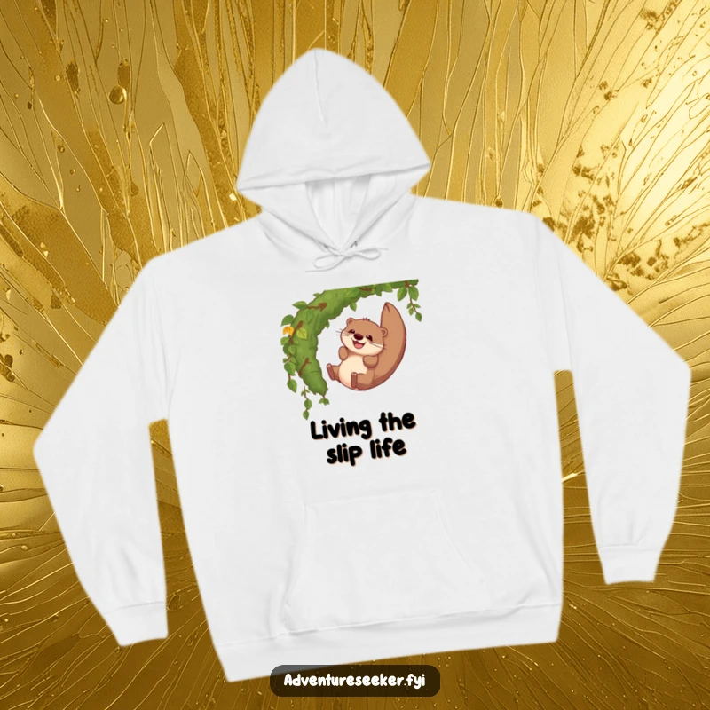 Funny hoodie featuring a laughing otter character mid-slide down a green, mossy jungle vine, exuding infectious joy and adventure.