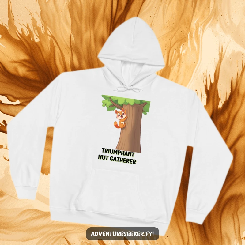 Funny Squirrel Hoodie: Happy character triumphantly climbing a tall tree with a flourish in a funny way.