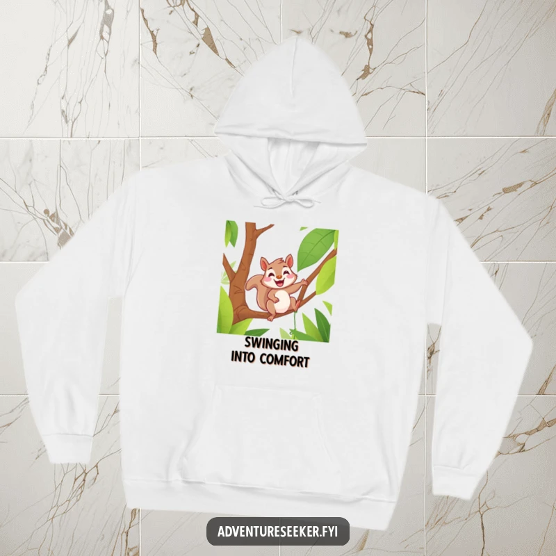 Funny hoodie featuring a delighted squirrel with a wide grin, swinging expertly on a jungle vine, offering warmth and humor.