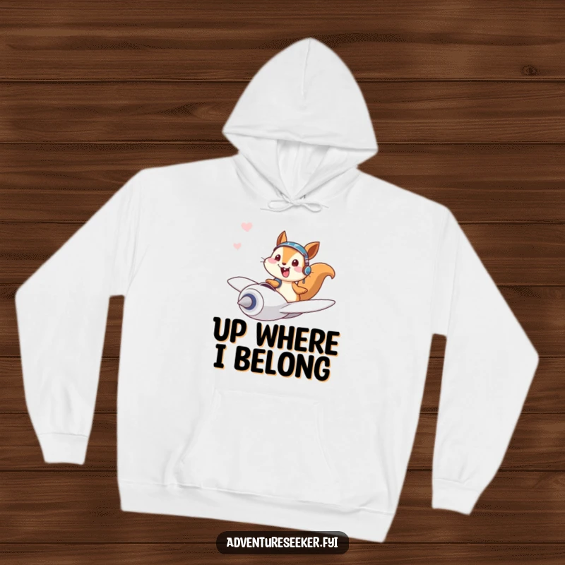 Funny hoodie featuring a giggling squirrel pilot character joyfully flying a tiny plane, offering warmth and a humorous design.